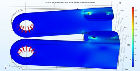 Computer 3d modeling of the steel mechanical part. Von mises stress plot. Deformation of the steel part under the influence of high temperature. © TKalinovskaya