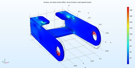 Computer 3d modeling of the steel mechanical part. Von mises stress plot. Deformation of the steel part under the influence of high temperature. © TKalinovskaya