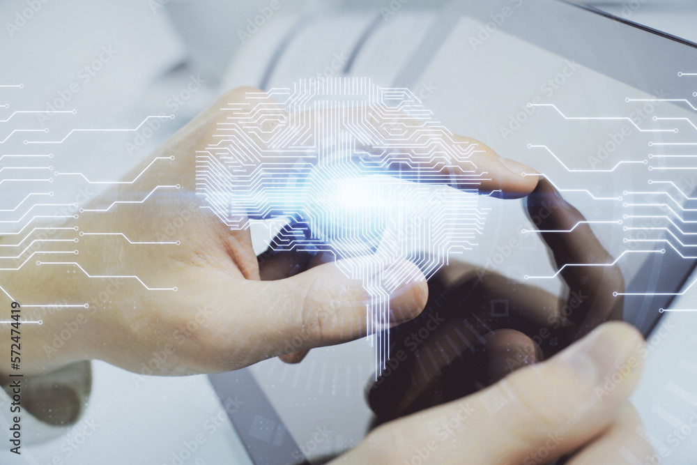 Aufkleber double exposure of man's hand holding and using a digital device and brain hologram drawing. data co
