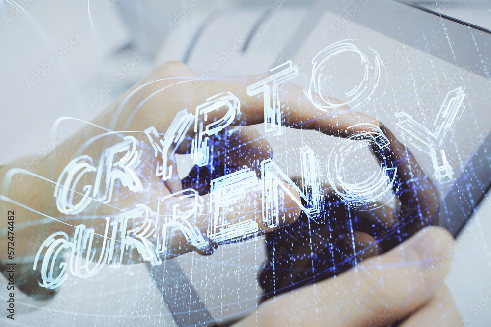 Poster Double exposure of man's hands holding and using a phone and crypto currency blockchain theme drawing.