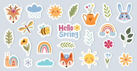 Cute hand-drawn spring stickers with animals and floral decor