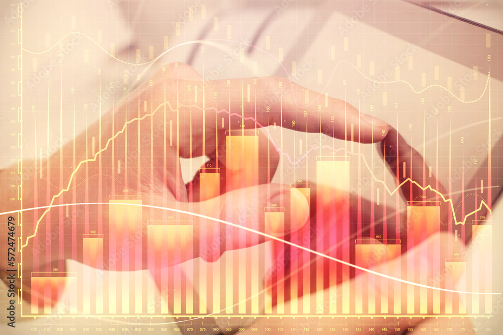 Poster multi exposure of man's hands holding and using a phone and financial chart drawing. market analysis