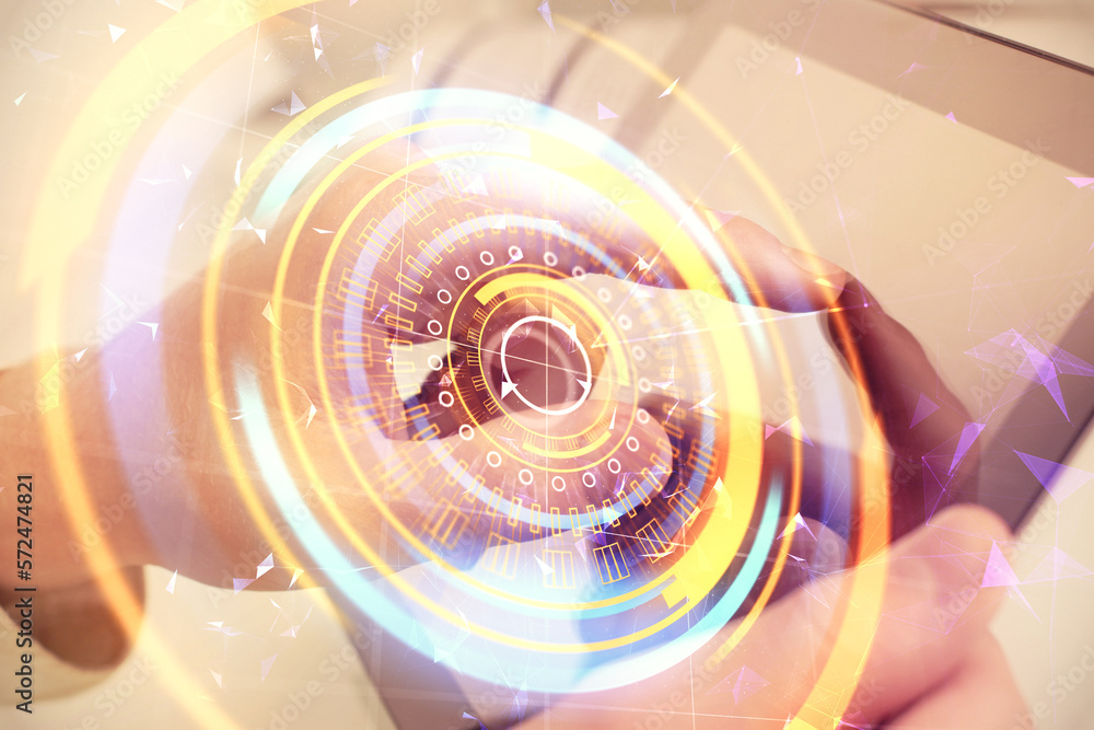 Poster double exposure of man's hands holding and using a digital device and tech theme hologram drawing. t