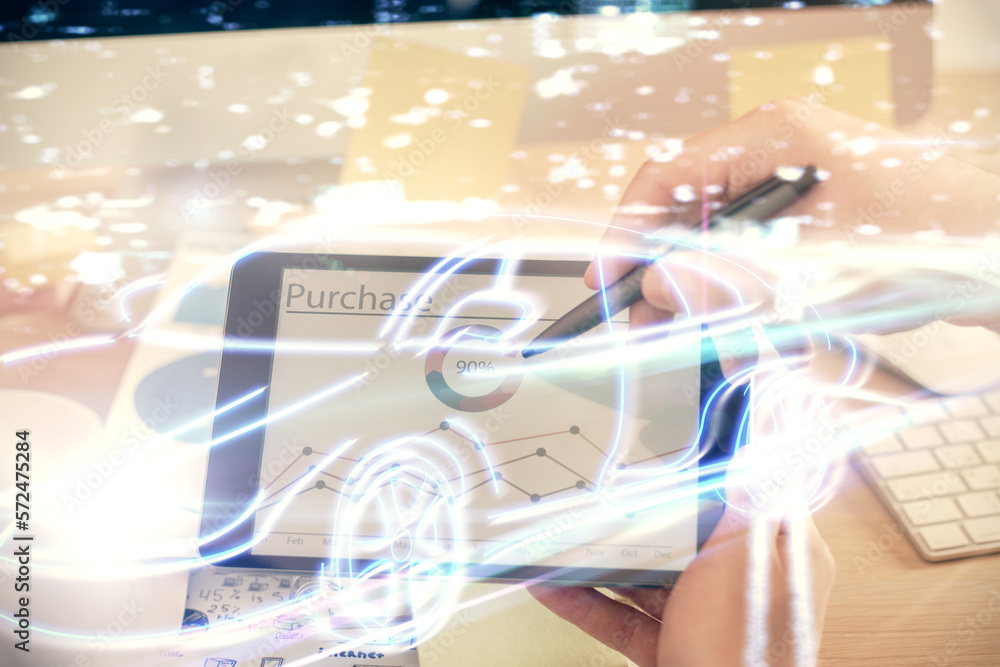 Poster double exposure of man's hands holding and using a digital device and automobile theme hologram draw