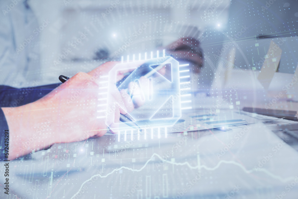 Poster Multi exposure of man's hands holding and using a digital device and data theme drawing. Innovation concept.