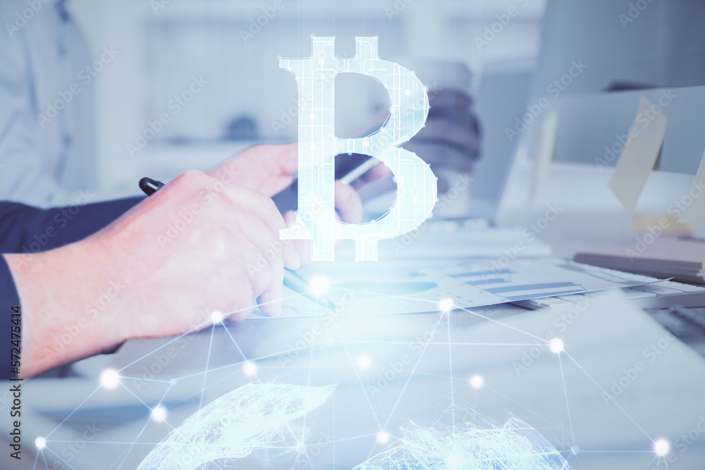 Poster double exposure of man's hands holding and using a phone and crypto currency blockchain theme drawin