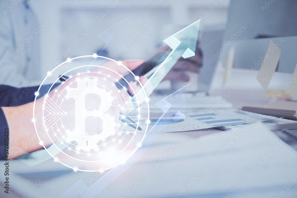Poster Double exposure of man's hands holding and using a phone and crypto currency blockchain theme drawing.