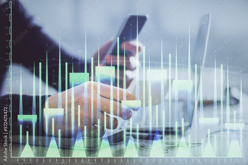 Poster Double exposure of man's hands holding and using a phone and financial graph drawing. Analysis concept.