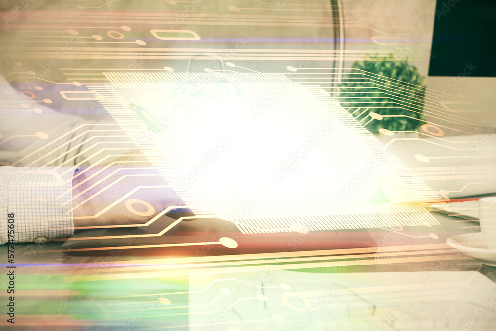 Poster Multi exposure of man's hands holding and using a digital device and data theme drawing. Innovation concept.