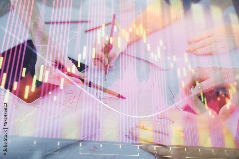 Poster Double exposure of forex graph drawing and man and woman working together holding and using a mobile device. Trade concept.