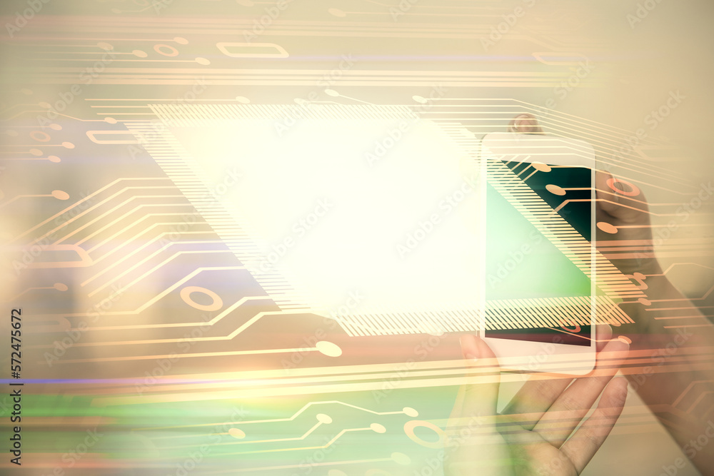 Poster double exposure of technology sketch hologram and woman holding and using a mobile device.
