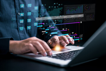 business analysis chart KPI showing on laptop icon by hologram virtual screen technology