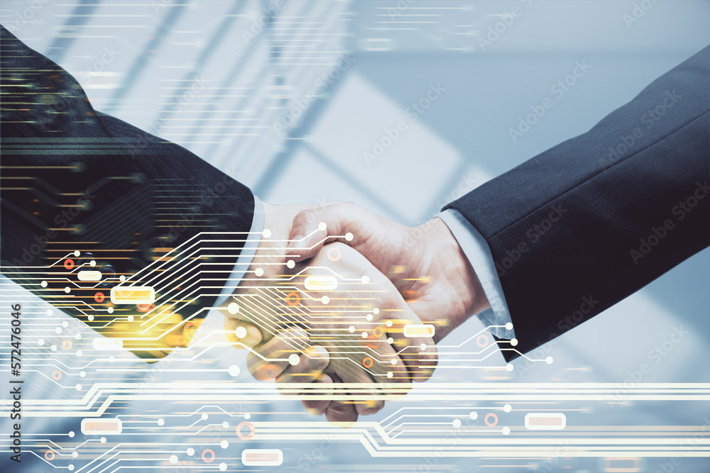 Poster double exposure of data theme hologram and handshake of two men. partnership in it industry concept.