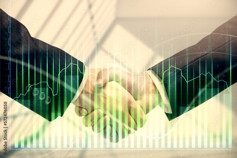 Poster double exposure of forex graph hologram and handshake of two men. stock market concept.