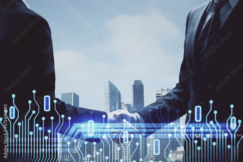 Poster double exposure of data theme hologram and handshake of two men. partnership in it industry concept.