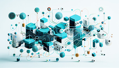 A graphical representation of a connected IoT network, with various nodes, devices, and connections.  Generative AI.