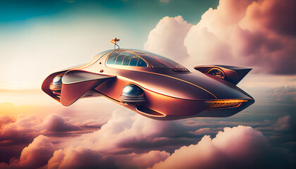 Fototapeta na wymiar A model of a flying luxury car in the air above the clouds. Generative AI.
