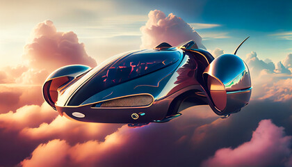 Obraz premium A model of a flying luxury car in the air above the clouds. Generative AI.