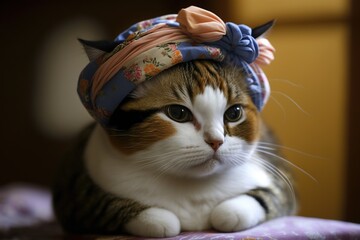 Japanese cat with traditional headband, concept of Kawaii and Kimono, created with Generative AI technology