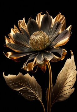 golden flower on black background, 3D wallpaper, generated ai