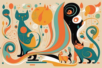 Representation of cats playful nature with vibrant energetic lines and shapes arranged in a joyful and imaginative design, concept of Fun and Affectionate, created with Generative AI technology