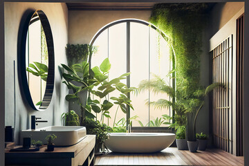 Bathroom interior decorated with green plants.   Modern comfortable bathroom.  Generative AI.