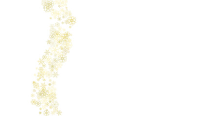 Glitter snowflakes frame on white horizontal background. Shiny Christmas and New Year frame for gift certificate, ads, banners, flyers. Falling snow with golden glitter snowflakes for party invite