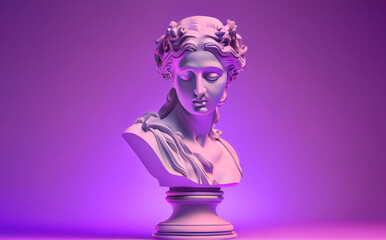 Female antique statue's head on purple neon lights background. Generative AI.