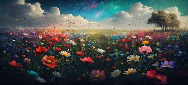 field of flowers in bloom symbolizing renewal and growth that spring brings, created with Generative AI technology