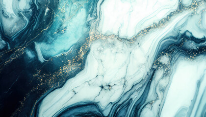 Abstract blue marble liquid texture with silver splashes, luxury background