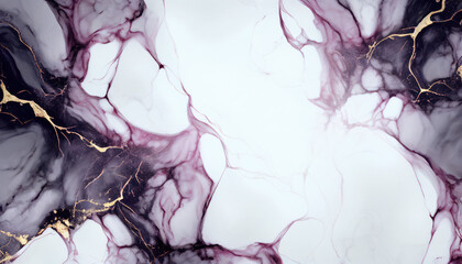 Abstract purple marble liquid texture with gold splashes, luxury background