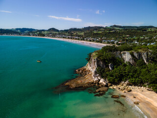 Summer Day in Cooks Beach, Coromandel New Zealand post Cyclone Gabrielle. Aerial drone photos of Shakespeare cliff