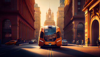 Obraz premium Driverless car navigating through a city street, illustrating the future of urban transport. Generative AI.