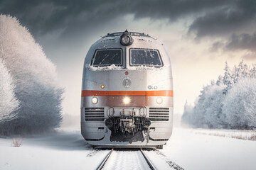 Train and snow. Winter atmosphere. Generative AI