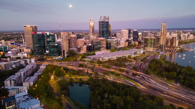 Aerial hyperlapse, dronelapse video of Perth city and highway traffic in Australia at night