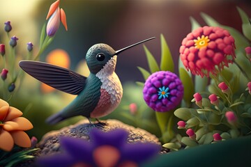 Cute Cartoon Hummingbird with Flowers (Created with Generative AI)