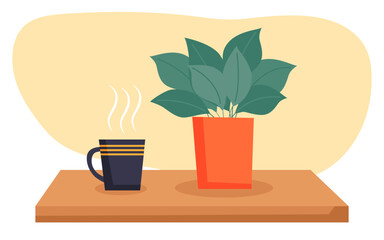 Vector de maceta con planta y taza de café sobre la mesa. Planta de interiores. Taza de té o café. Interior de hogar.
