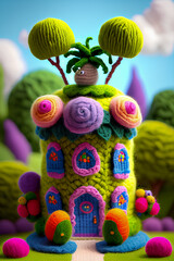 Fototapeta na wymiar generative AI. cute colorful miniature fantasy house design with tropical flowers and plants made of wool. Kids cartoon animation movie style