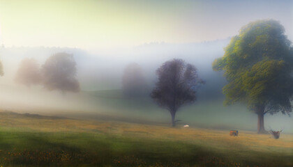 Obraz na płótnie Canvas Misty Morning Meadows Scene. Generative AI.