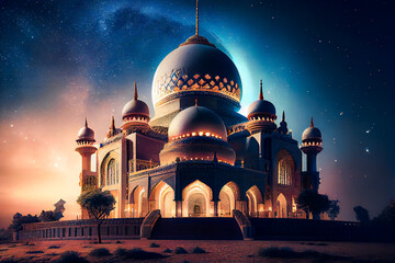 Mosque building. Night blue view of starry sky. Muslim Celebration.  Generative AI.
