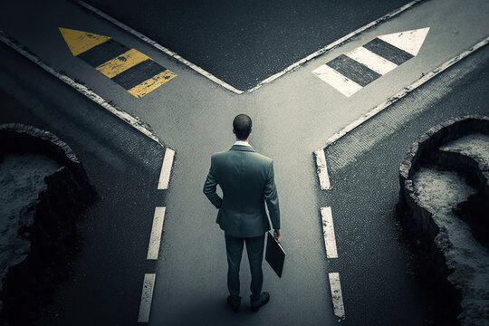 Businessman stands at a fork in the road and looks where he should go, concept of Decision-Making and Dilemma, created with Generative AI technology
