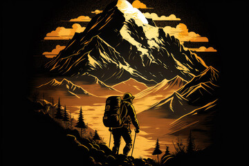 mountaineering with golden silhouette, ai