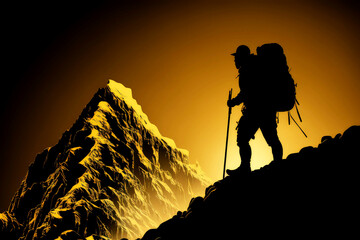 mountaineering with golden silhouette, ai