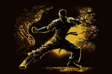 Fototapeta na wymiar kung fu with golden silhouette, ai