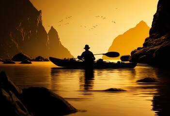 kayaking with golden silhouette, ai