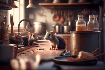 Numerous  Rats in Kitchen Interior Scene.  Lots of  Rodents in Kitchen . Generative AI