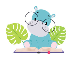 Cute baby hippo reading book. Funny smart wild African animal character in glasses sitting with book cartoon vector illustration