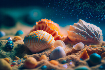 Plakat Close-Up Of Seashells Underwater. Generative AI.