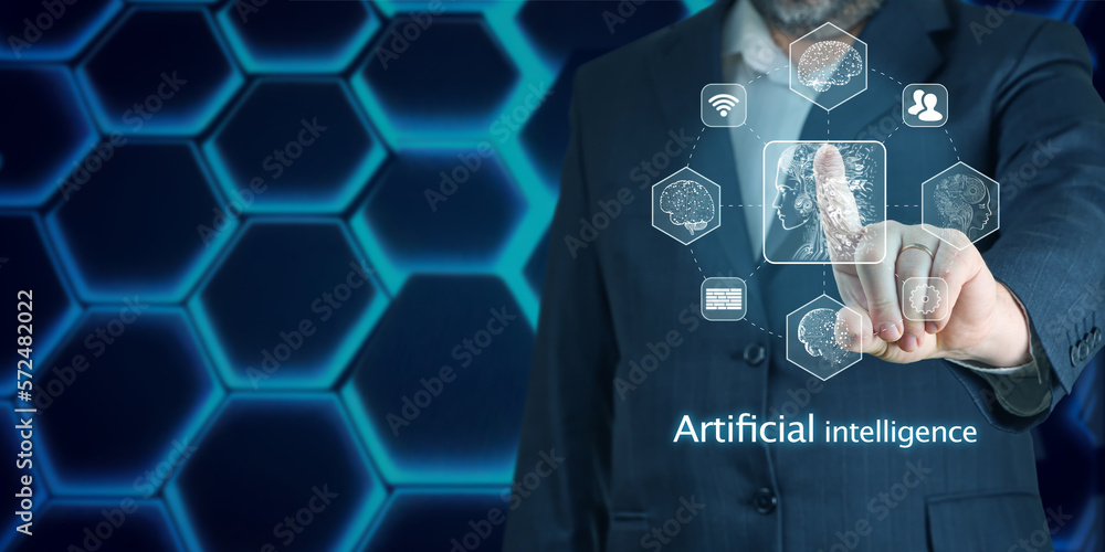 Poster ai, artificial intelligence in smartphone. chat bot interface, futuristic technology robot in online
