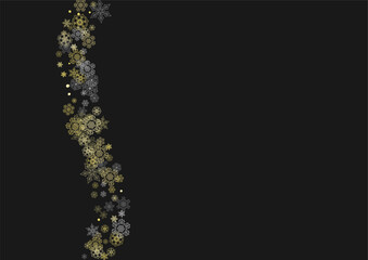 Glitter snowflakes frame on black horizontal background. Shiny Christmas and New Year frame for gift certificate, ads, banners, flyers. Falling snow with golden glitter snowflakes for party invite